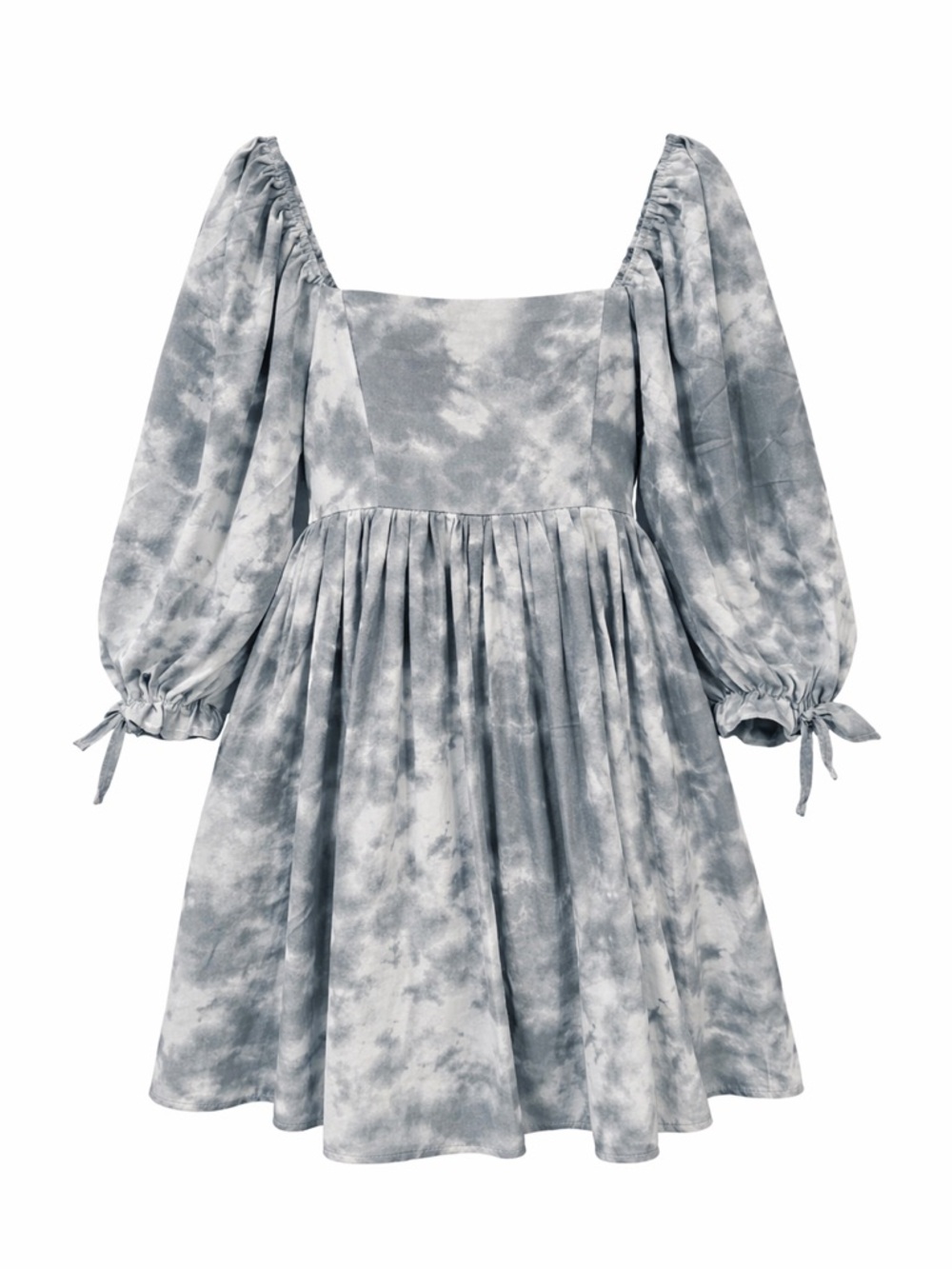 Puff Sleeve Gray and White Tie-Dye Festival Dress Knee-Length with Half Sleeves - Picture 3 of 4